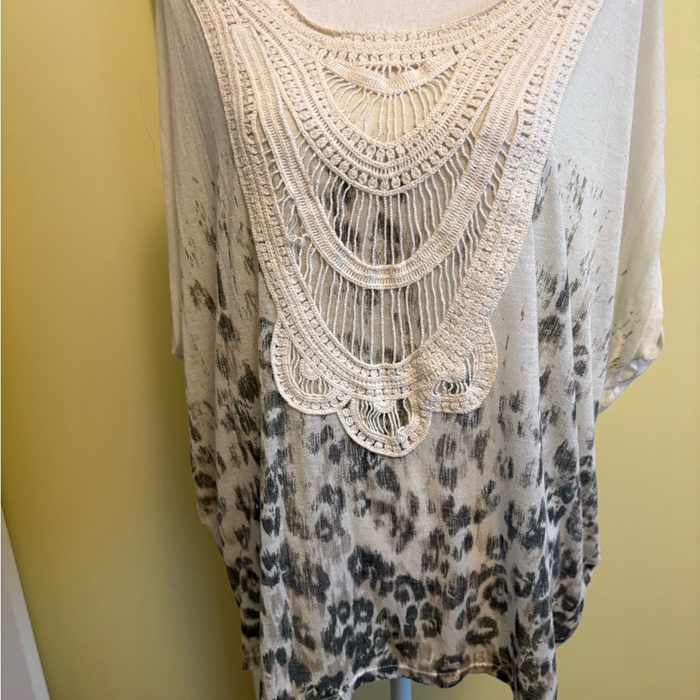 Free People Cream and Gray Crochet Detail Blouse
